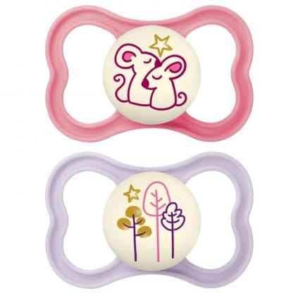 Mam Air Night Silicone Soother 16m+ Ορθοδοντική Πιπίλα Σιλικόνης με Μεγάλες Οπές για Καλύτερο Εξαερισμό του Δέρματος της Περιστοματικής Περιοχής που Λάμπει στο Σκοτάδι 2 Τεμάχια, Κωδ 277SGc - Ροζ / Μωβ