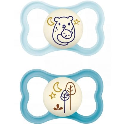 Mam Air Night Silicone Soother 16m+ Ορθοδοντική Πιπίλα Σιλικόνης με Αυξημένη Ροή Αέρα που Λάμπει στο Σκοτάδι 2 Τεμάχια, Κωδ 277SBC - Γαλάζιο / Μπλε