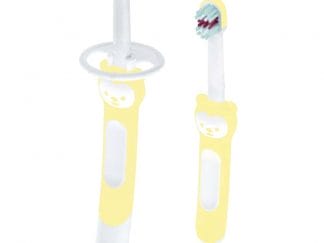 Mam Learn to Brush Set Toothbrush 5m+ Βρεφική, Εκπαιδευτική Οδοντόβουρτσα με Μαλακές Ίνες & Ασπίδα Προστασίας 2 Τεμάχια - Κίτρινο