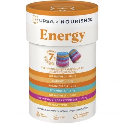 Upsa Nourished Energy Συμπλήρωμα Διατροφής Εκχυλίσματος Τζίντζερ, Βιταμινών & Μετάλλων Πολλαπλών Στρώσεων για την Παραγωγή Ενέργειας & τη Μείωση της Κόπωσης με Φρουτώδη Γεύση 30 Ζελεδάκια