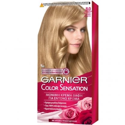 Garnier Color Sensation Permanent Hair Color Kit Μόνιμη Κρέμα Βαφή Μαλλιών με Άρωμα Τριαντάφυλλο 1 Τεμάχιο - 8.0 Φωτεινό Ξανθό Ανοιχτό