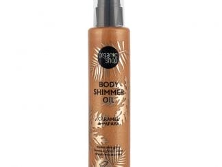 Organic Shop Body Shimmer Oil Λάδι Σώματος με Καραμέλα & Παπάγια για Χρυσαφένια Λάμψη & Εκθαμβωτικό Αποτέλεσμα 100ml - Caramel & Papaya