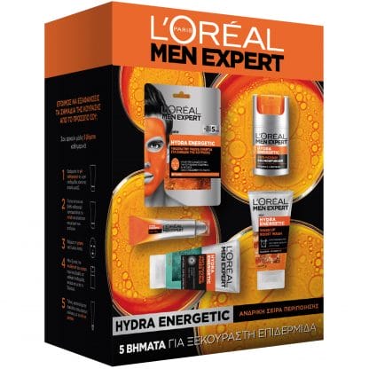L'Oreal Paris Men Expert Hydra Energetic Πακέτο Προσφοράς Hydra Energetic Gel Καθαρισμού 100ml & Scrub 100ml & Μάσκα 3x30g & 24ωρη Κρέμα Ενυδάτωσης 50ml & Roll-on Ματιών 10ml