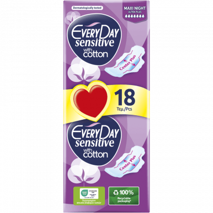 Σερβιέτες EveryDay Sensitive Cotton MAXI NIGHT Ultra Plus οικονομική συσκευασία 18 τεμ.