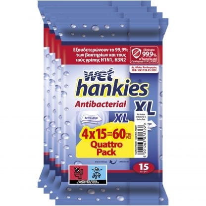 Wet Hankies Promo Antibacterial Wipes XL Υγρά Αντιβακτηριδιακά Μαντήλια Χεριών με Οινόπνευμα σε Μεγάλο Μέγεθος 60 Τεμάχια (4x15 Τεμάχια)