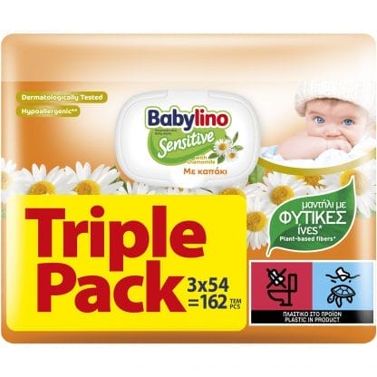 Babylino Sensitive with Chamomile Baby Wipes Triple Pack Μωρομάντηλα με Ίνες Φυτικής Προέλευσης & Εκχύλισμα Χαμομηλιού, Ιδανικά για Ευαίσθητο Δέρμα με Καπάκι 162 Τεμάχια (3x54 Τεμάχια)