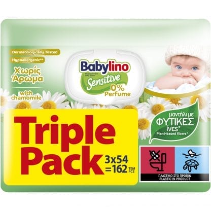 Babylino Sensitive 0% Perfume Baby Wipes Triple Pack Μωρομάντηλα με Ίνες Φυτικής Προέλευσης & Εκχύλισμα Χαμομηλιού, Ιδανικά για Ευαίσθητο Δέρμα Χωρίς Άρωμα με Καπάκι 162 Τεμάχια (3x54 Τεμάχια)