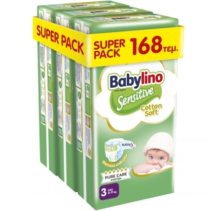Babylino Sensitive Cotton Soft Super Pack Midi Νο3 (4-9kg) 168 Τεμάχια (3x56 Τεμάχια)