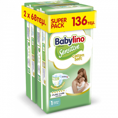 Πάνες Babylino Sensitive Cotton Soft Super Pack No1 (2-5Kg) 136τεμ(2*68τεμ)