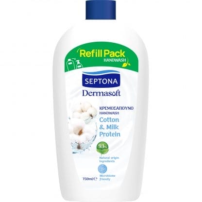 Septona Dermasoft Handwash with Cotton & Milk Protein Ανταλλακτικό Κρεμοσάπουνο με Οργανικό Εκχύλισμα Βαμβακιού & Πρωτεΐνη Γάλακτος 750ml Refill