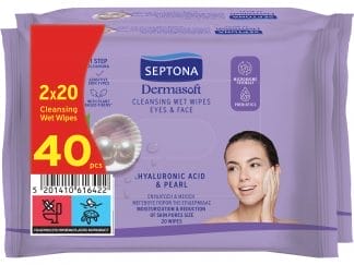 Septona Dermasoft Cleansing Wet Wipes Eyes & Face Hyalyronic Acid & Pearl Μαντηλάκια Ντεμακιγιάζ Προσώπου, Ματιών με Υαλουρονικό Οξύ, Κατάλληλο για Ευαίσθητες Επιδερμίδας 40 Τεμάχια (2x20 Τεμάχια)