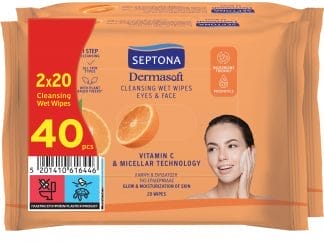 Septona Promo Dermasoft Cleansing Wet Wipes Eyes & Face Μαντηλάκια Ντεμακιγιάζ Προσώπου, Ματιών με Βιταμίνη E για Όλους τους Τύπους Επιδερμίδας με Άρωμα Πορτοκάλι 40 Τεμάχια (2x20 Τεμάχια)