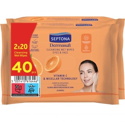 Septona Promo Dermasoft Cleansing Wet Wipes Eyes & Face Μαντηλάκια Ντεμακιγιάζ Προσώπου, Ματιών με Βιταμίνη E για Όλους τους Τύπους Επιδερμίδας με Άρωμα Πορτοκάλι 40 Τεμάχια (2x20 Τεμάχια)