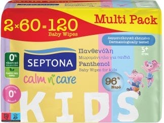 Septona Calm n' Care Kids Multi Pack 3 Years+ Wipes Απαλά Μωρομάντηλα με Πανθενόλη & 0% Πλαστικό, για Παιδιά από 3 Ετών 120 Τεμάχια (2x60 Τεμάχια)