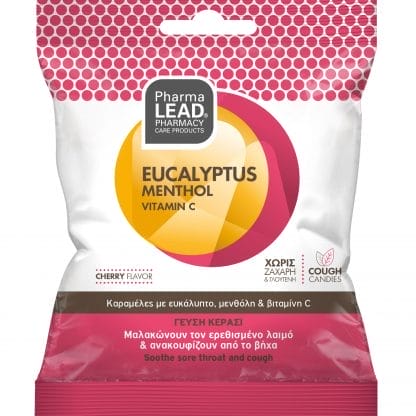 Pharmalead Eucalyptus, Menthol & Vitamin C Sore Throat & Cough Candies Καραμέλες με Ευκάλυπτο, Μενθόλη & Βιταμίνη C που Μαλακώνουν τον Ερεθισμένο Λαιμό & Ανακουφίζουν από το Βήχα με Γεύση Κεράσι 40g