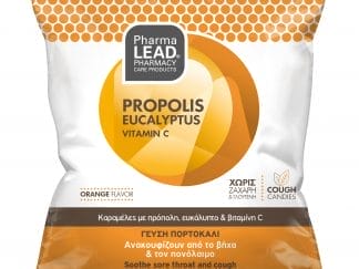 Pharmalead Propolis, Eucalyptus & Vitamin C Sore Throat & Cough Candies Καραμέλες με Πρόπολη, Ευκάλυπτο & Βιταμίνη C που Μαλακώνουν τον Ερεθισμένο Λαιμό & Ανακουφίζουν από το Βήχα & το Πονόλαιμο  με Γεύση Πορτοκάλι 40g