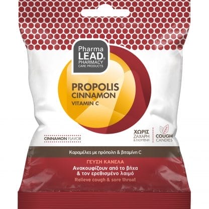 Pharmalead Propolis, Cinnamon & Vitamin C Sore Throat & Cough Candies Καραμέλες με Πρόπολη, Κανέλα & Βιταμίνη C που Μαλακώνουν τον Ερεθισμένο Λαιμό & Ανακουφίζουν από το Βήχα & το Πονόλαιμο με Γεύση Κανέλα 40g
