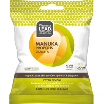 Pharmalead Manuka Propolis Vitamin C Sore Throat & Cough Candies Καραμέλες με Μέλι Μανούκα, Πρόπολη & Βιταμίνη C που Μαλακώνουν τον Ερεθισμένο Λαιμό & Ανακουφίζουν από το Βήχα με Γεύση Λεμόνι 40g