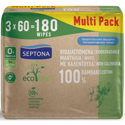 Μωρομάντηλα Septona Ecolife Βιοδιασπώμενα Με 100% Βαμβάκι 180τεμ (3*60τεμ)
