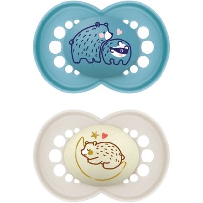 Mam Day & Night Silicone Soother 16m+ Ορθοδοντική Πιπίλα Σιλικόνης που Λάμπει στο Σκοτάδι με Θήκη Μεταφοράς 2 Τεμάχια, Κωδ 274SBc - Μπλε / Κρεμ