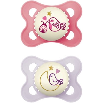 Mam Original Night Silicone Soother 2-6m Ορθοδοντική Πιπίλα Σιλικόνης που Λάμπει στο Σκοτάδι με Θήκη Μεταφοράς 2 Τεμάχια, Κωδ 110SGc - Ροζ / Λιλά