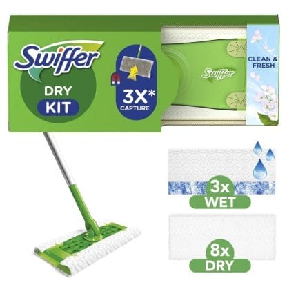 Swiffer Sweeper Starter Dry Κιτ Με 1 Σκούπα, 8 Στεγνά Πανάκια & 3 Υγρά Πανάκια